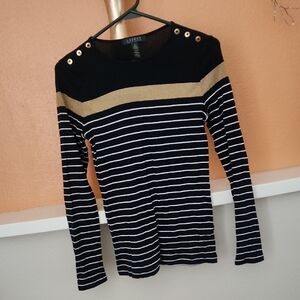 Ralph Lauren Navy Blue, White & Gold Striped Long-Sleeve Top